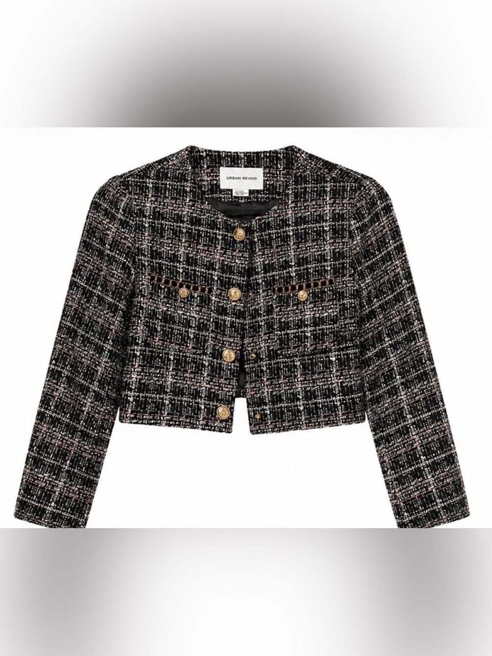 Urban Revivo Tweed Cropped Jacket – Black/Pink – Gold Button Detail Size Medium